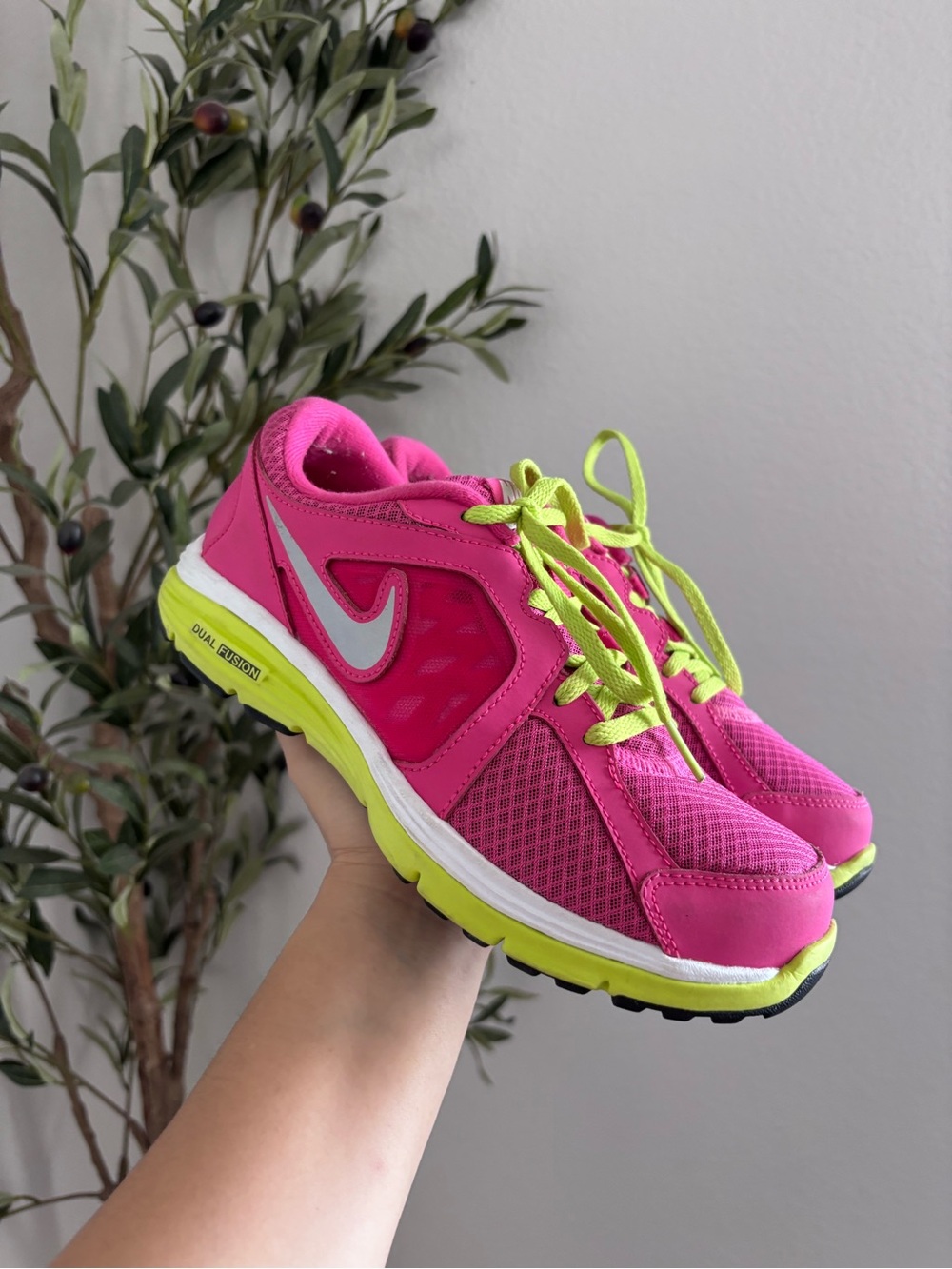 Nike Women's Dual Fusion Hot Pink and Neon Green Running Shoes 6Y